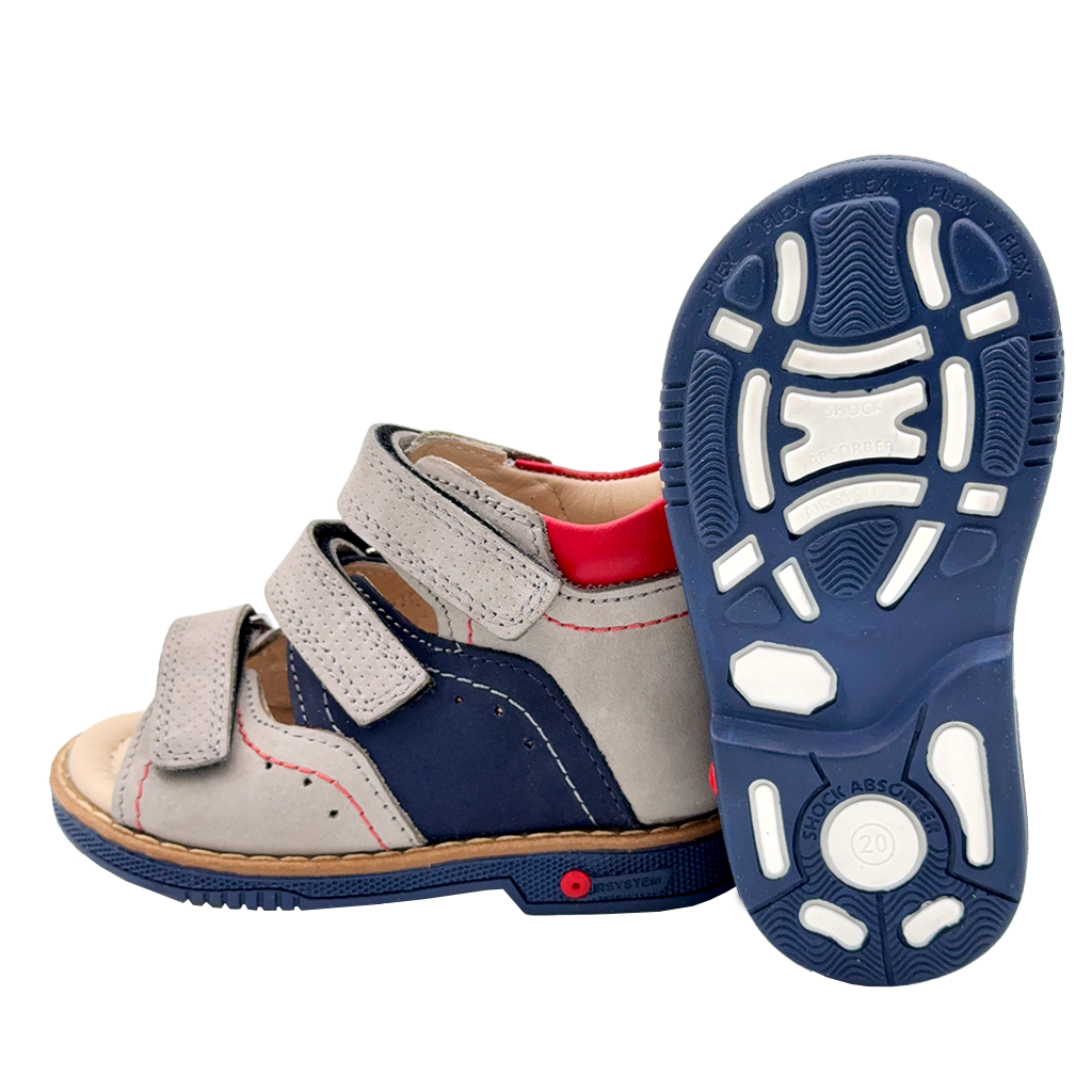 Ortho Shoes grey-navy kids' sandals with three adjustable straps, Thomas heels, arch support, and ankle reinforcement. Designed for comfort and recommended by health professionals.