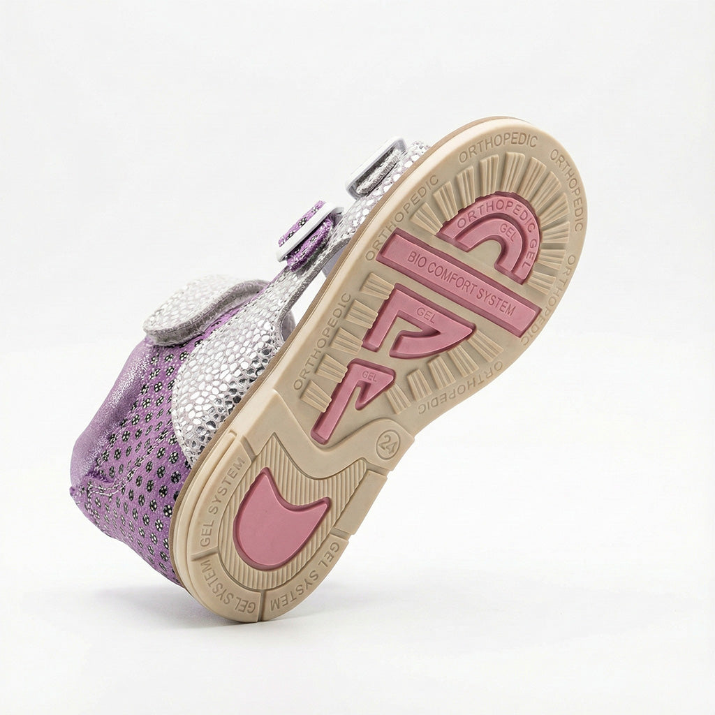 Children’s orthopedic shoe sole with arch and ankle support, Thomas heel, gel cushioning, and bio comfort system.