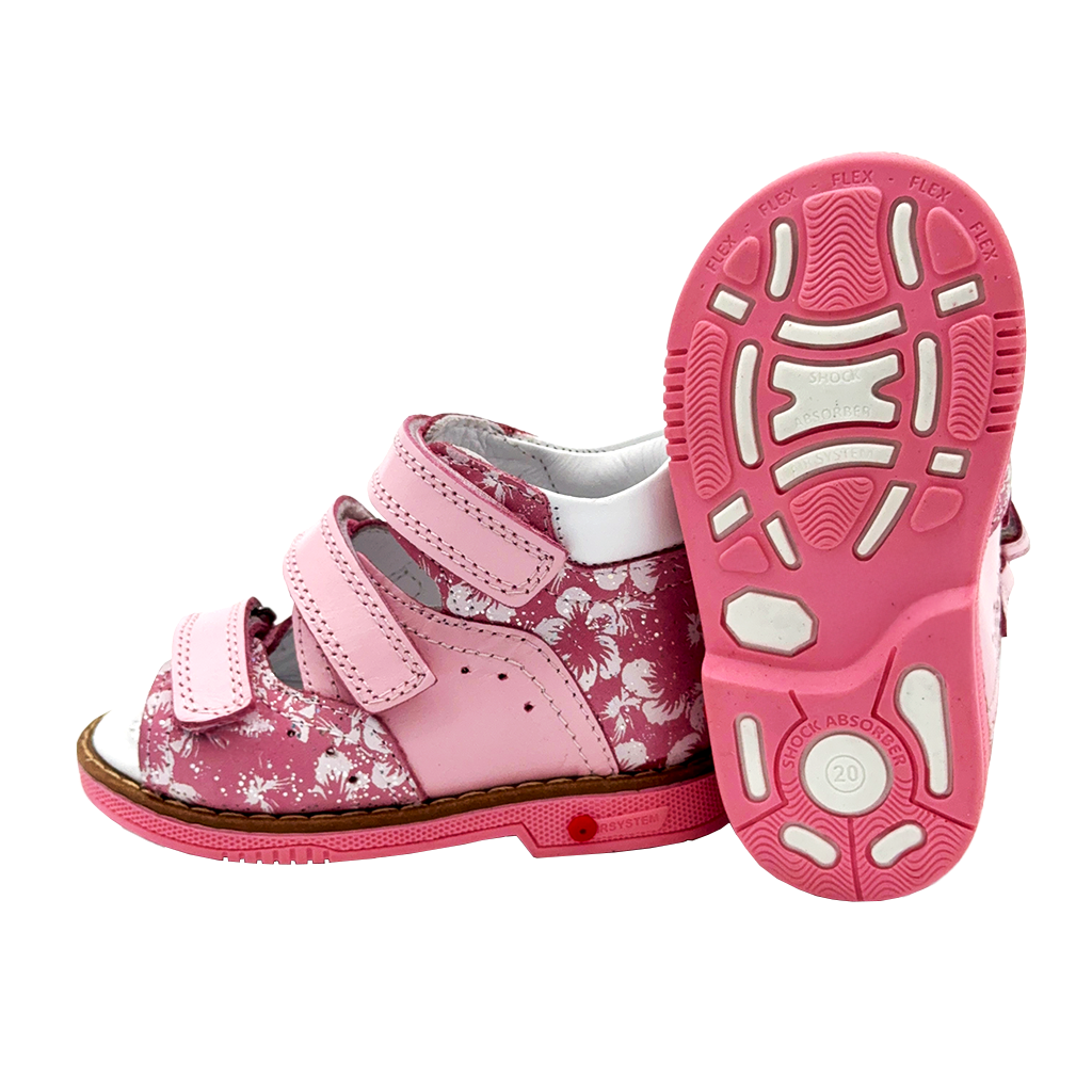 Ortho Shoes pink floral kids' sandals with triple Velcro straps, arch and ankle support, and mid-height ankle reinforcement. Adorned with charming flower details and recommended by health professionals.