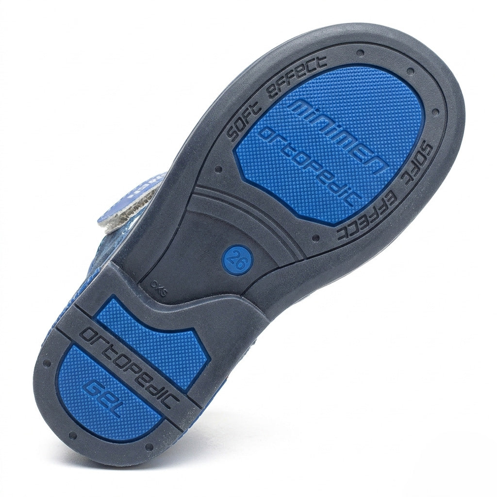 Blue Minimen kids’ orthopedic sandal featuring supportive construction with arch support, ankle stability, and a Thomas heel, displayed against a clean background.