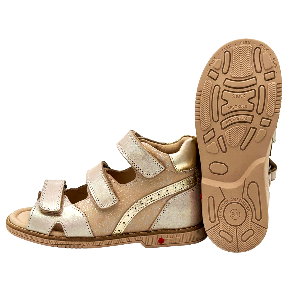Beige girls' orthopaedic sandals by Ortho Shoes featuring three Velcro straps, shimmering finish, ankle and arch support, and mid-cut design for stability.