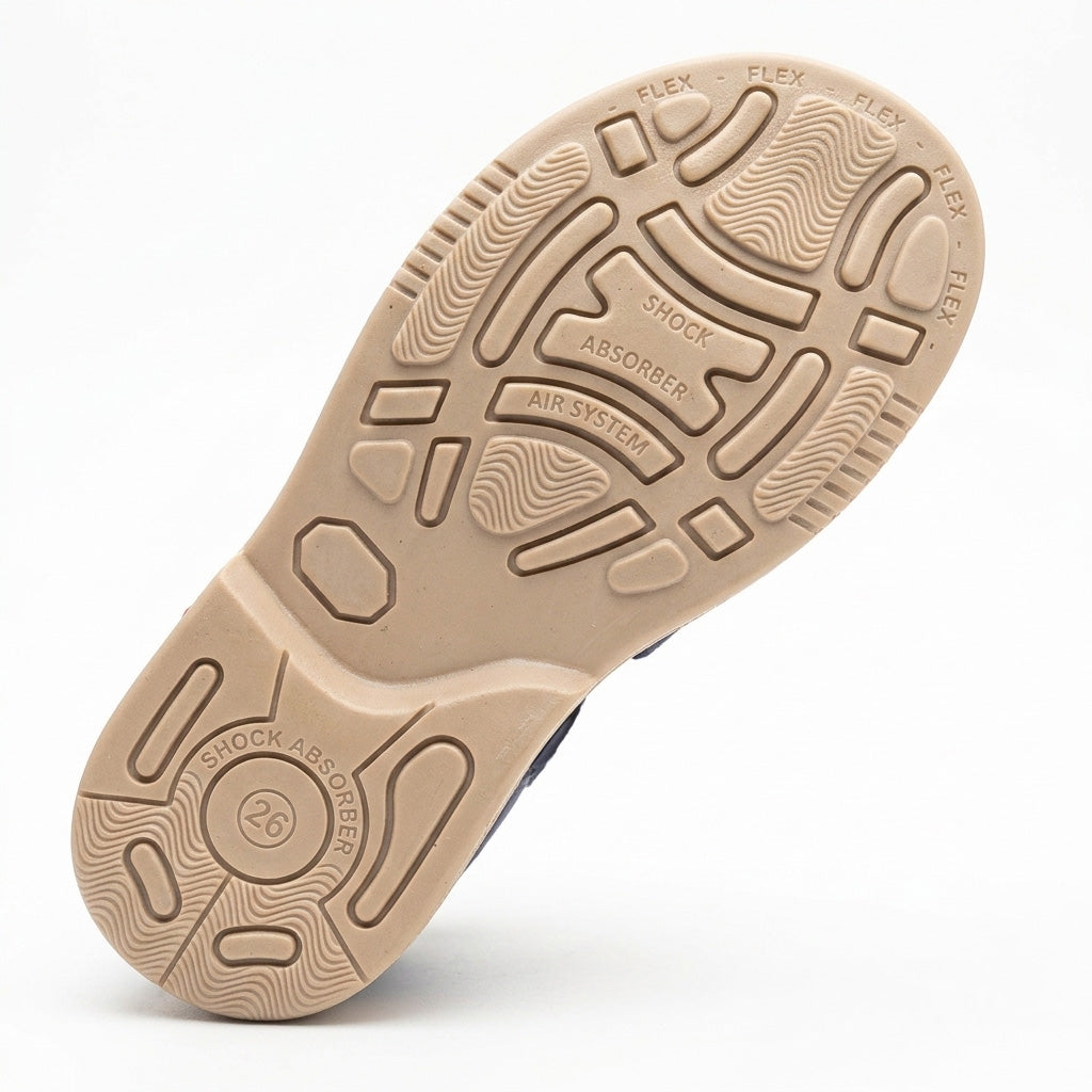 Cream kids shoe sole highlighting built in shock absorber grips, traction tread, and an Air System.