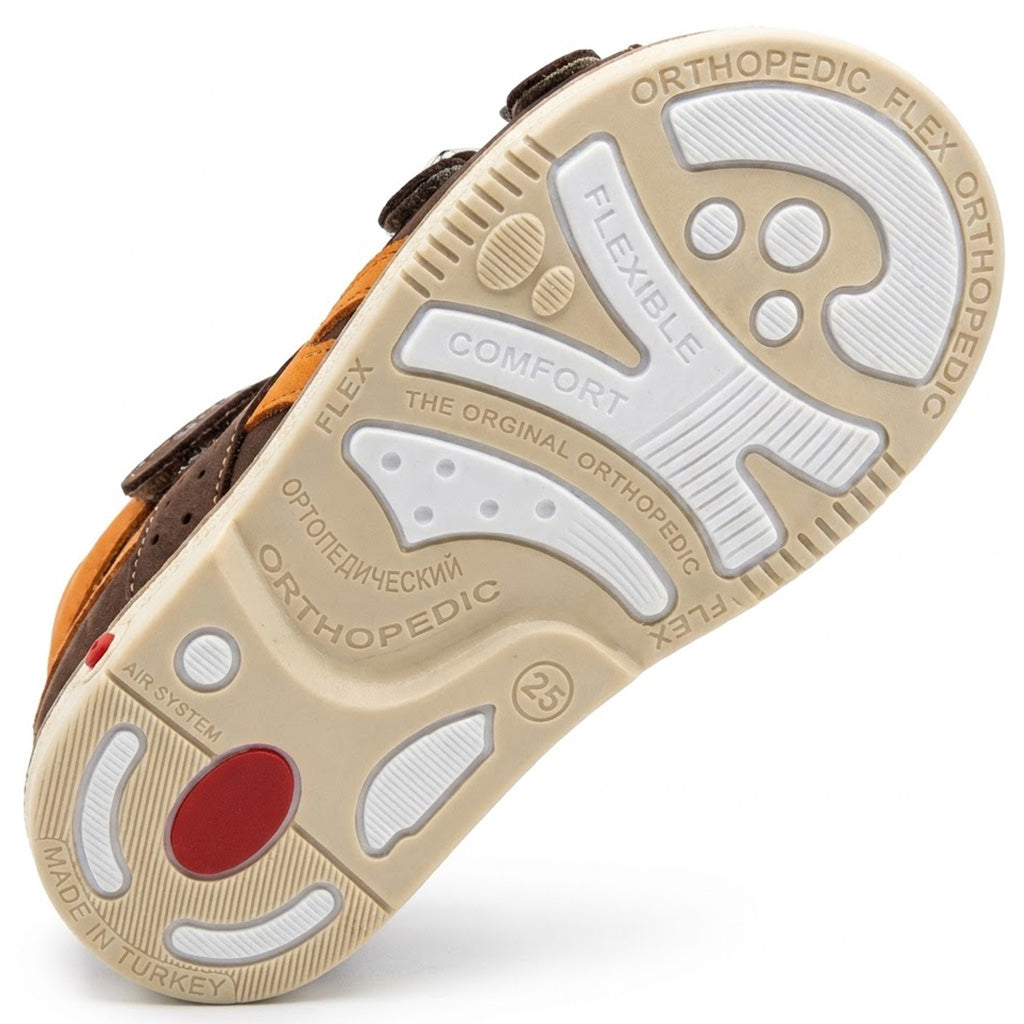 Mid-top boys orthopaedic sandals showing padded orange collar, Thomas heel, and buckle straps.