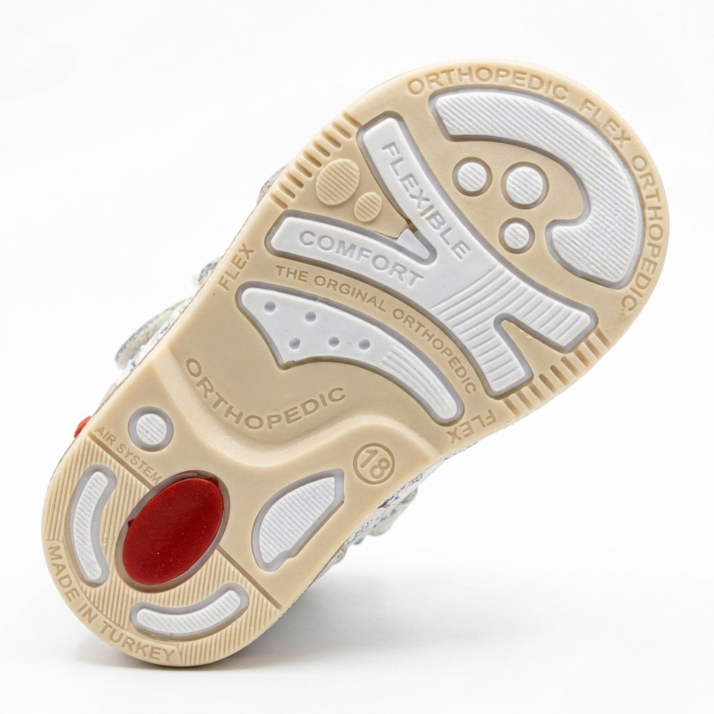 Underneath view of structured orthopaedic sandal sole showing a Thomas heel profile, texturing, and a red shock absorber dot.