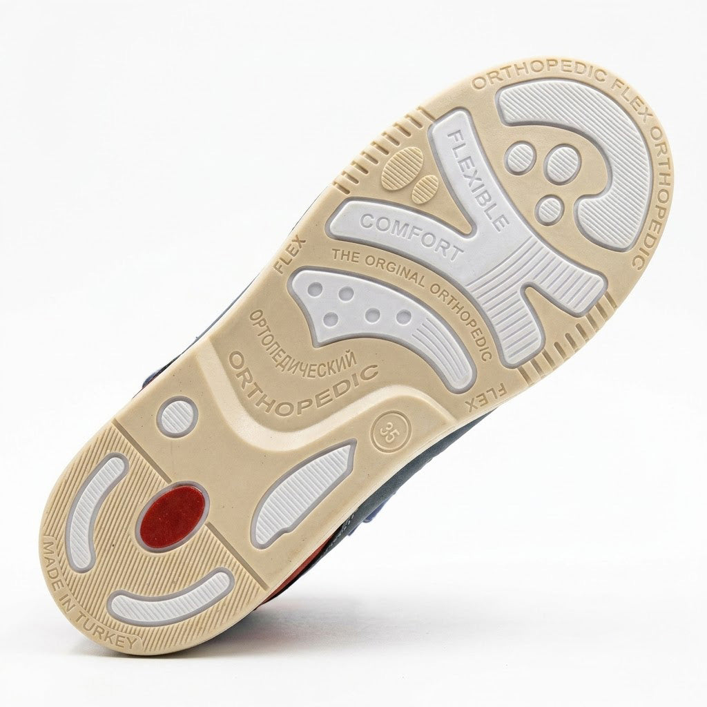 Structured orthopaedic sole with built-in Thomas heel and impact absorption traction for children.