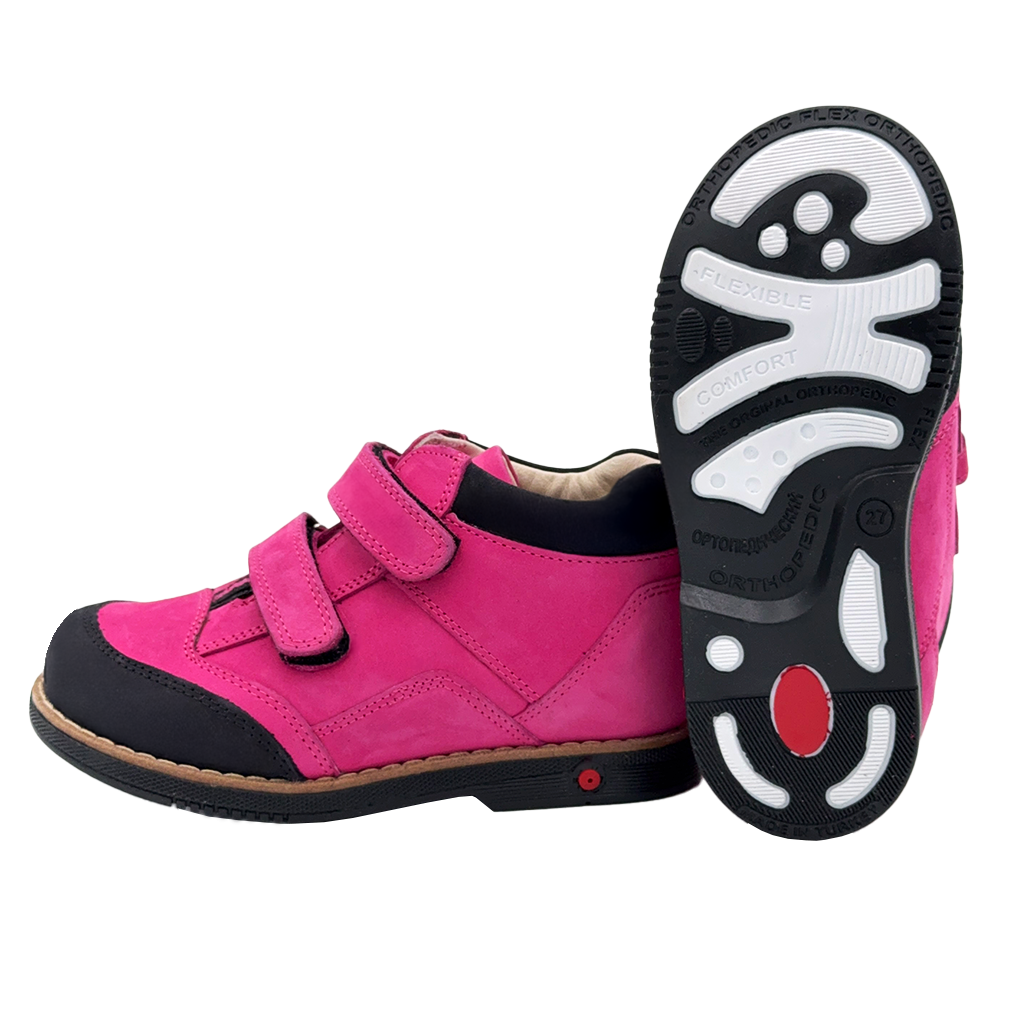 Orthopaedic kids' boots in pink and black for girls, featuring Thomas heels, arch support, and ankle support, made by Ortho Shoes Australia.