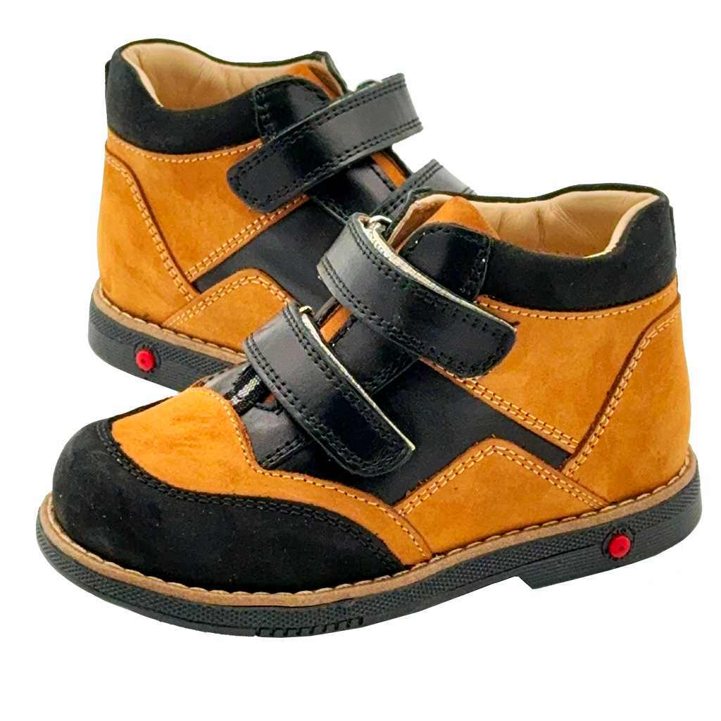 Photo of black-brown kids orthopedic boots with arch and ankle support. Made by Ortho Shoes Australia