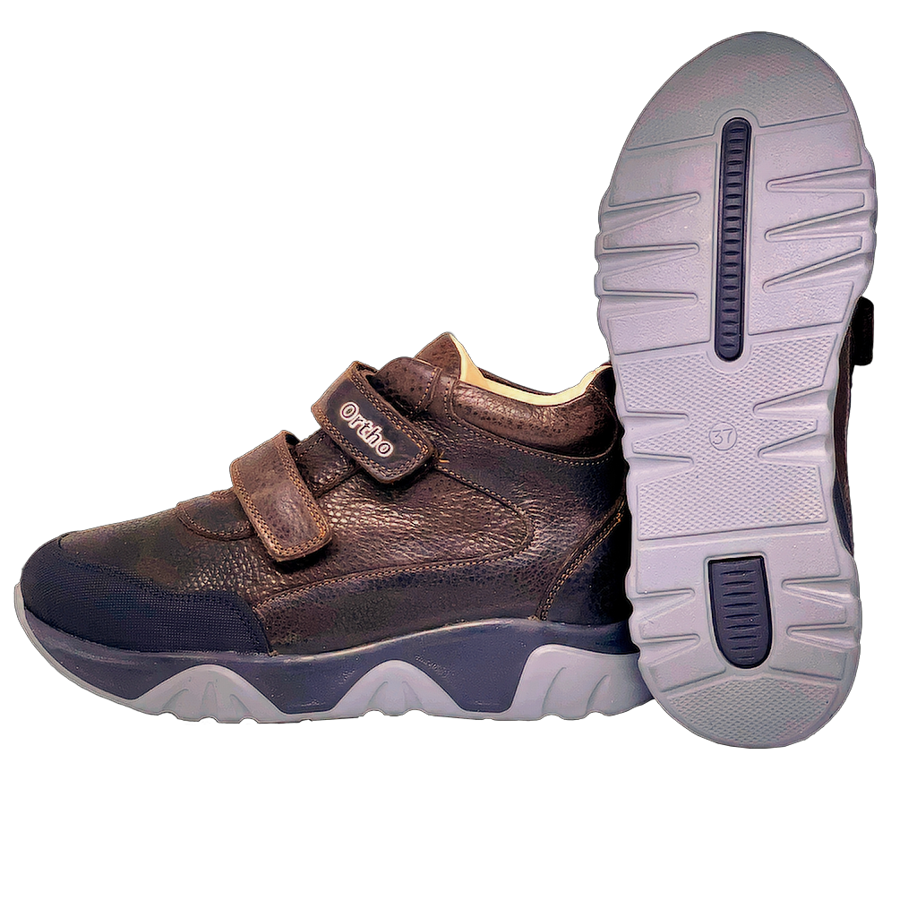 Brown-black boots with two straps, designed for teens, featuring arch and ankle support.