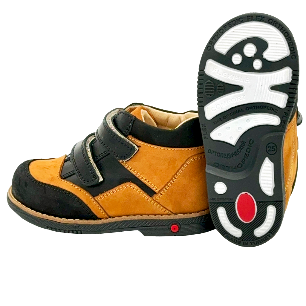 Photo of black-brown kids orthopedic boots with arch and ankle support. Made by Ortho Shoes Australia