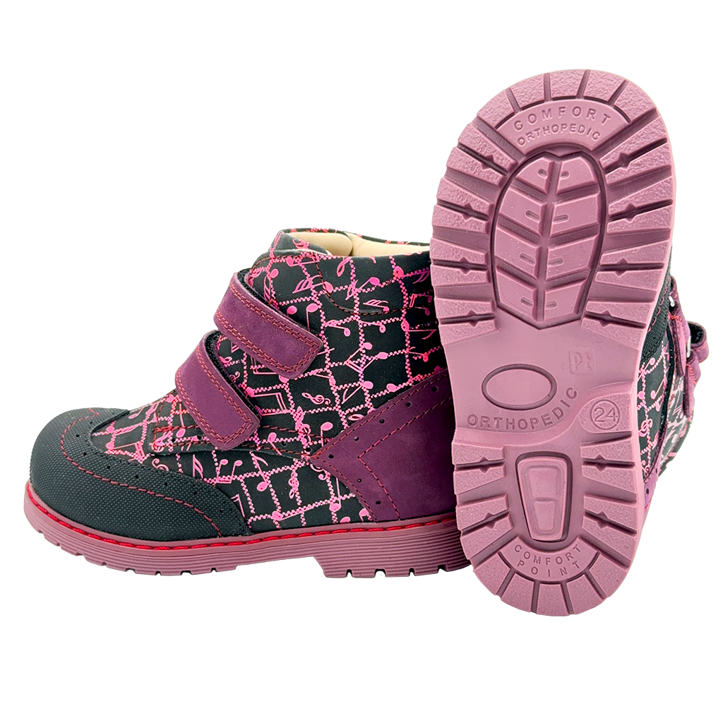 Cherry-black high-top orthopedic boots for girls with arch and ankle support, featuring a two-strap design for a customizable fit. Stylish and comfortable, recommended by physiotherapists.
