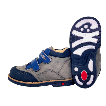 Kids' orthopedic boots in grey color with blue straps, designed with arch and ankle support for maximum comfort and stability.