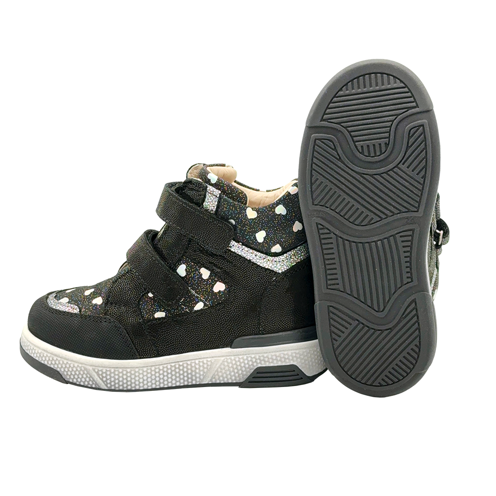 Orthopaedic silver black boots with two Velcro straps for children, offering exceptional arch and ankle support. Stylish and comfortable design with a captivating pattern.
