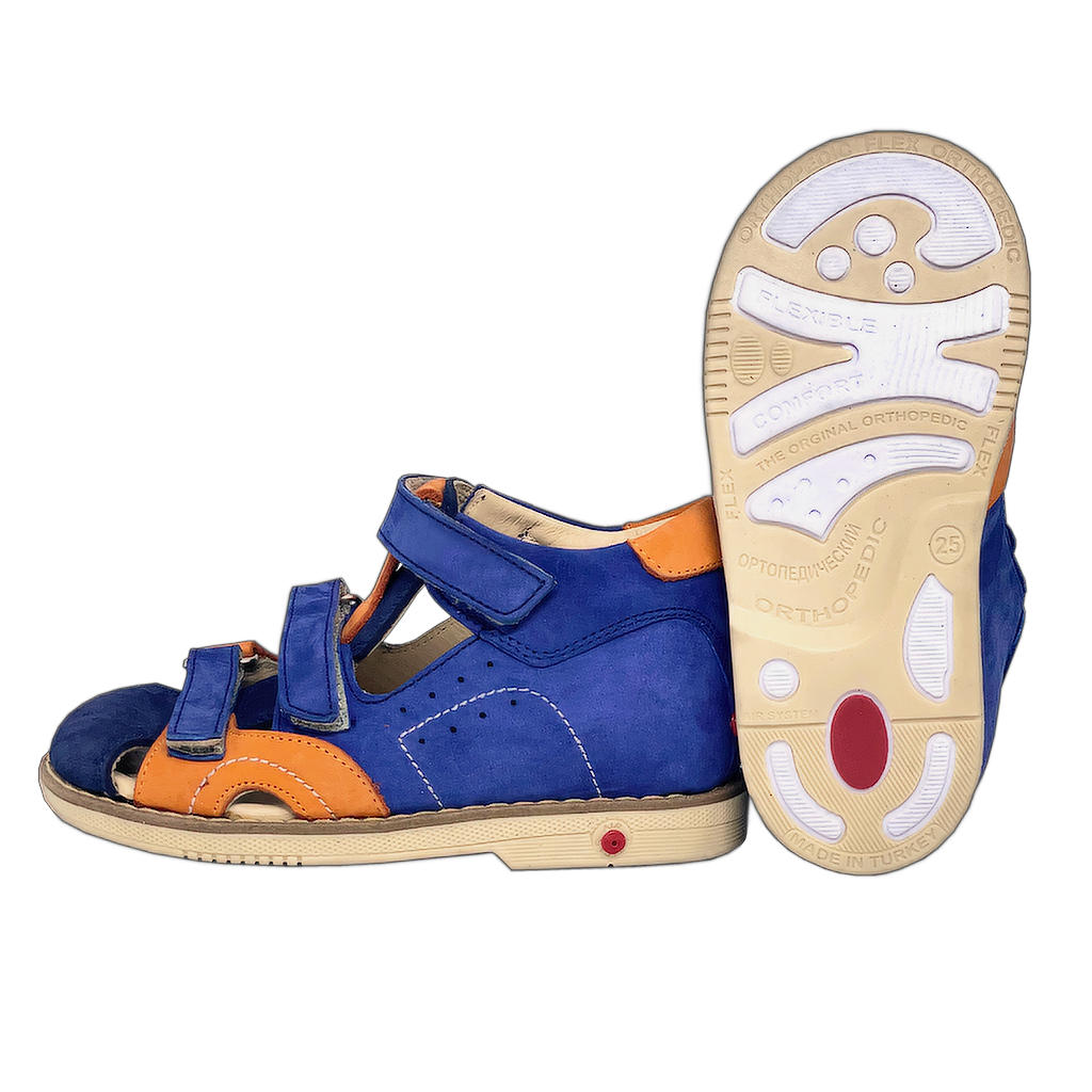Blue-Orange Orthopedic Kids' Sandals with Thomas Heels, Arch and Ankle Support, and Three Straps Design