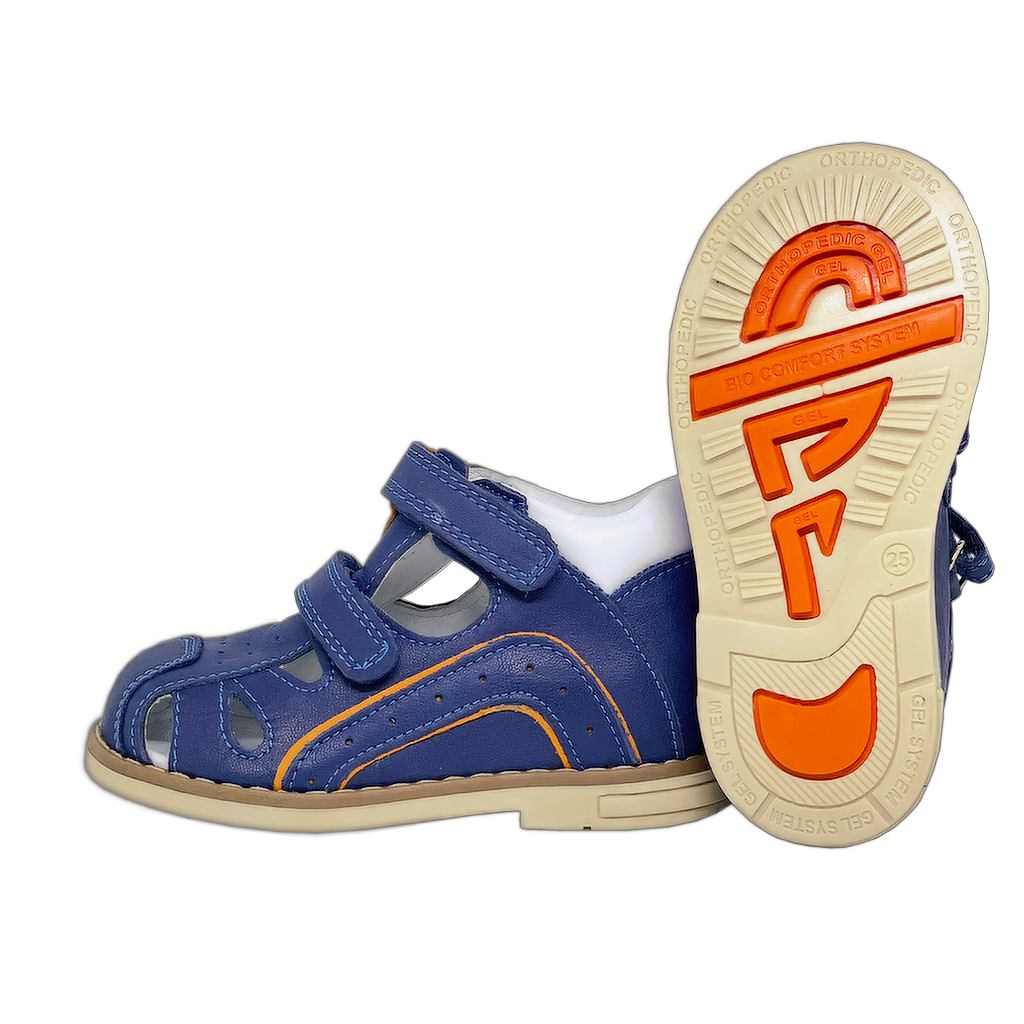 Orthopedic Closed Sandals in Blue-Orange with Thomas Heels, Arch and Ankle Support, featuring Two Secure Straps for Comfort and Stability.