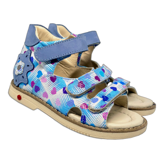 Blue-White Heart-Patterned Sandals for Girls with Thomas Heel, Arch Support, and Triple Velcro Straps