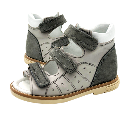 Kids orthopaedic sandals in Grey with arch and ankle support and Thomas heels