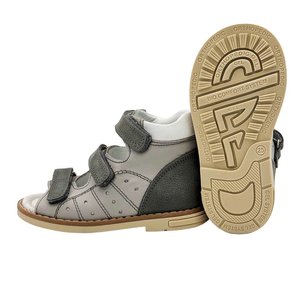 Kids orthopaedic sandals in Grey with arch and ankle support and Thomas heels