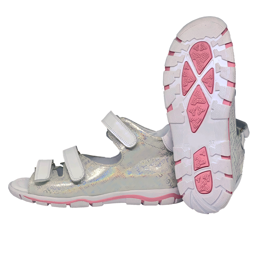 Silver sandals with city names design, providing arch and ankle support for teens.