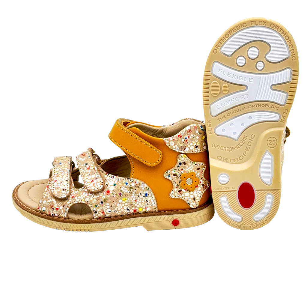 Kids orthopedic sandals in sunny yellow adorned with a silver mosaic pattern, designed with arch and ankle support and Thomas heels, made by Ortho Shoes Australia.