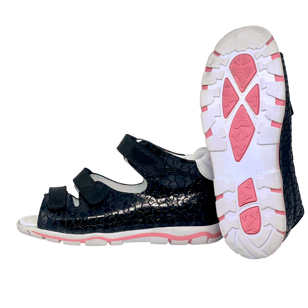 Black sandals for teenage girls with three straps, arch and ankle support. Stylish and comfortable orthopedic footwear.