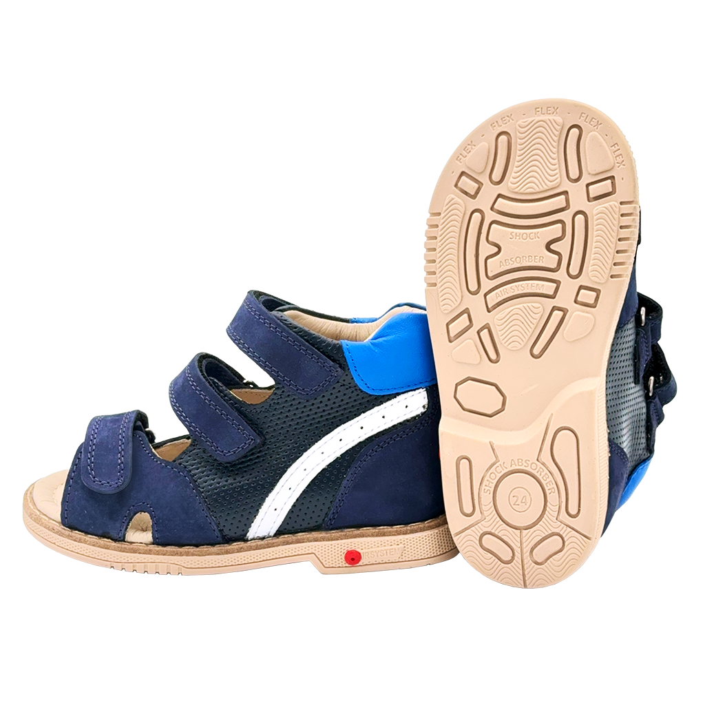 Kids' navy and blue nubuck sandals with three adjustable straps, Thomas heels, arch support, and mid-level ankle reinforcement for exceptional comfort and stability.