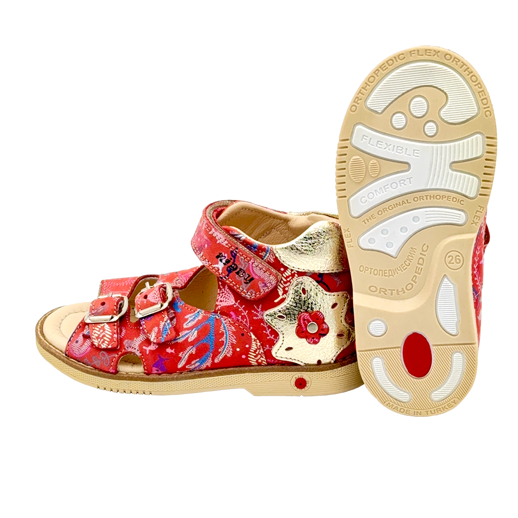 Red Orthopaedic Sandals for Kids with Arch and Ankle Support, featuring Coral Pattern from Ortho Shoes Australia