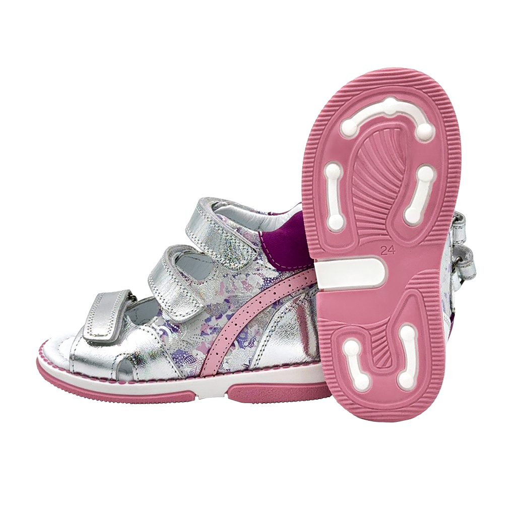 Children's silver-purple sandals with orange and white heart pattern, featuring triple Velcro straps, ankle and arch support, and mid-height ankle reinforcement for optimal comfort and stability
