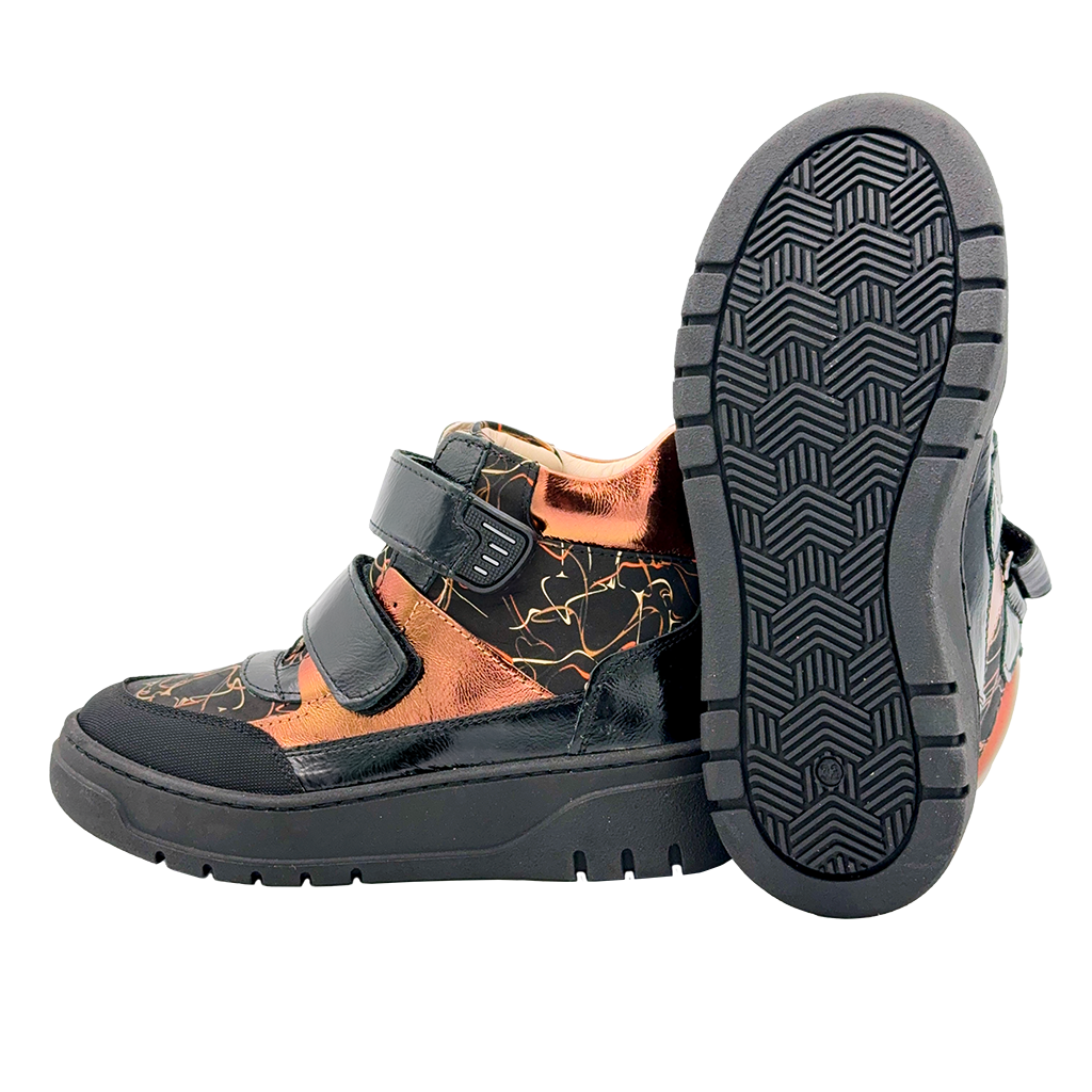 Girls' gold-black orthopaedic high-top sneakers with enhanced ankle support, arch support, and two Velcro straps for easy wear. Stylish, durable, and slip-resistant.