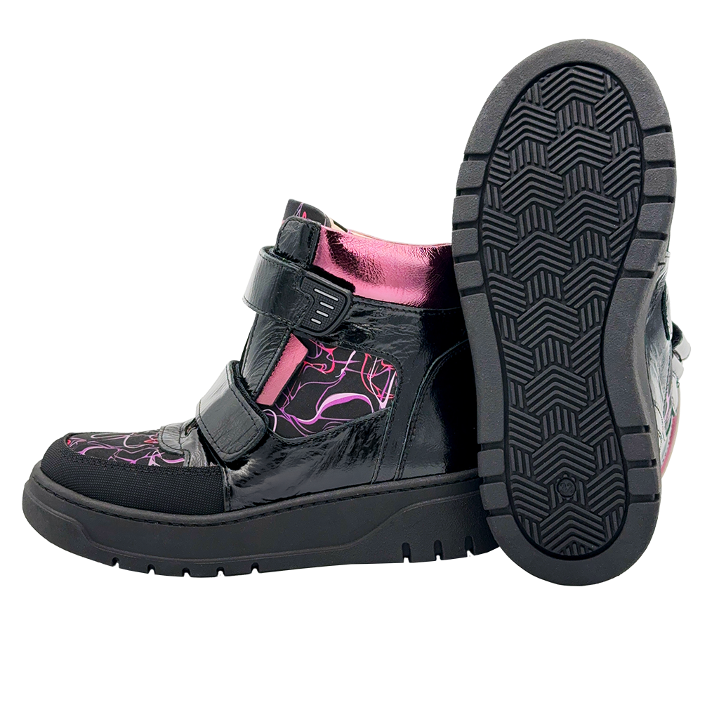 Girls' high-top pink-black orthopaedic boots with enhanced ankle support, arch support, and Velcro straps for easy wear. Stylish, durable, and slip-resistant.
