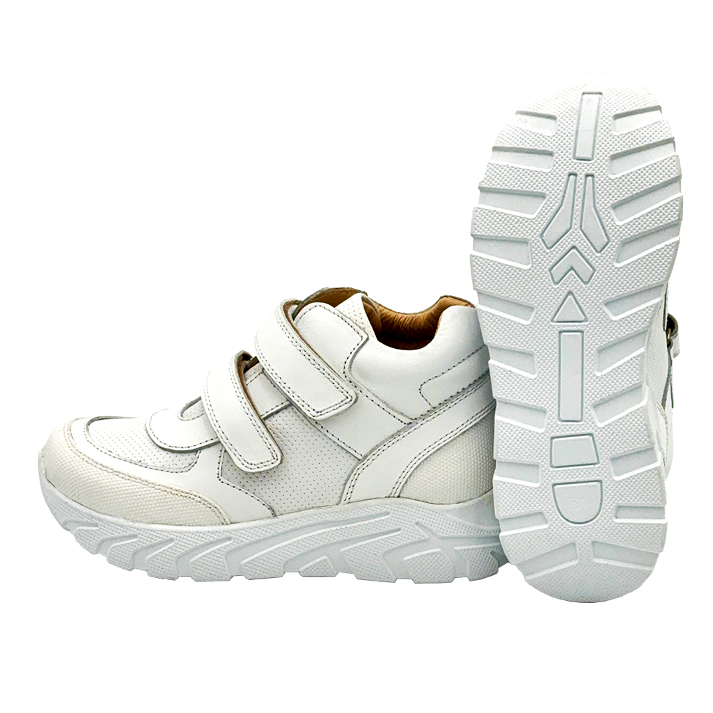 Photo of plain white supportive sneakers, designed with arch and ankle support for school dress code compliance.