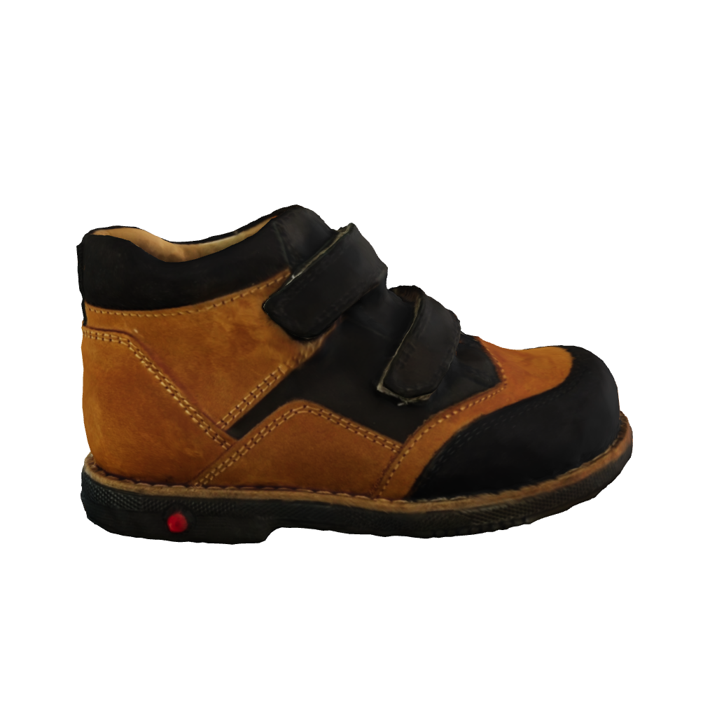3D model of brown-black orthopaedic boots for kids with arch and ankle support, featuring Thomas heels for optimal comfort and stability.