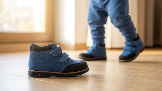 Structured mid-top children's orthopaedic shoe in navy blue leather with a firm heel counter and three secure straps, resting on a light oak floor with a toddler walking in the background to demonstrate early stability.