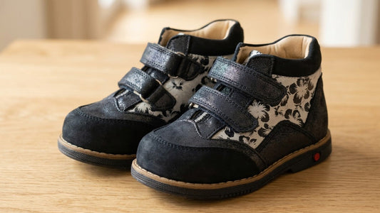 Close-up interior view of children's orthopaedic shoes highlighting the soft, natural genuine leather insole and breathable lining.