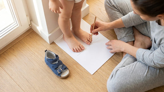 Top-down view showing a parent tracing a child's foot on white paper placed against a skirting board next to an orthopaedic shoe.