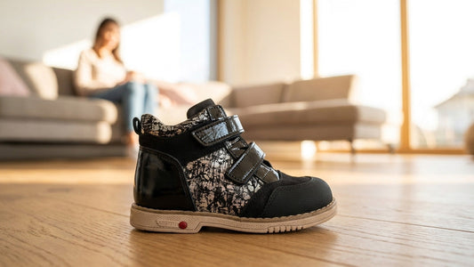 A landscape product photograph focusing on the three heavy-duty adjustable leather straps across the midfoot of a structured children's orthopaedic shoe.