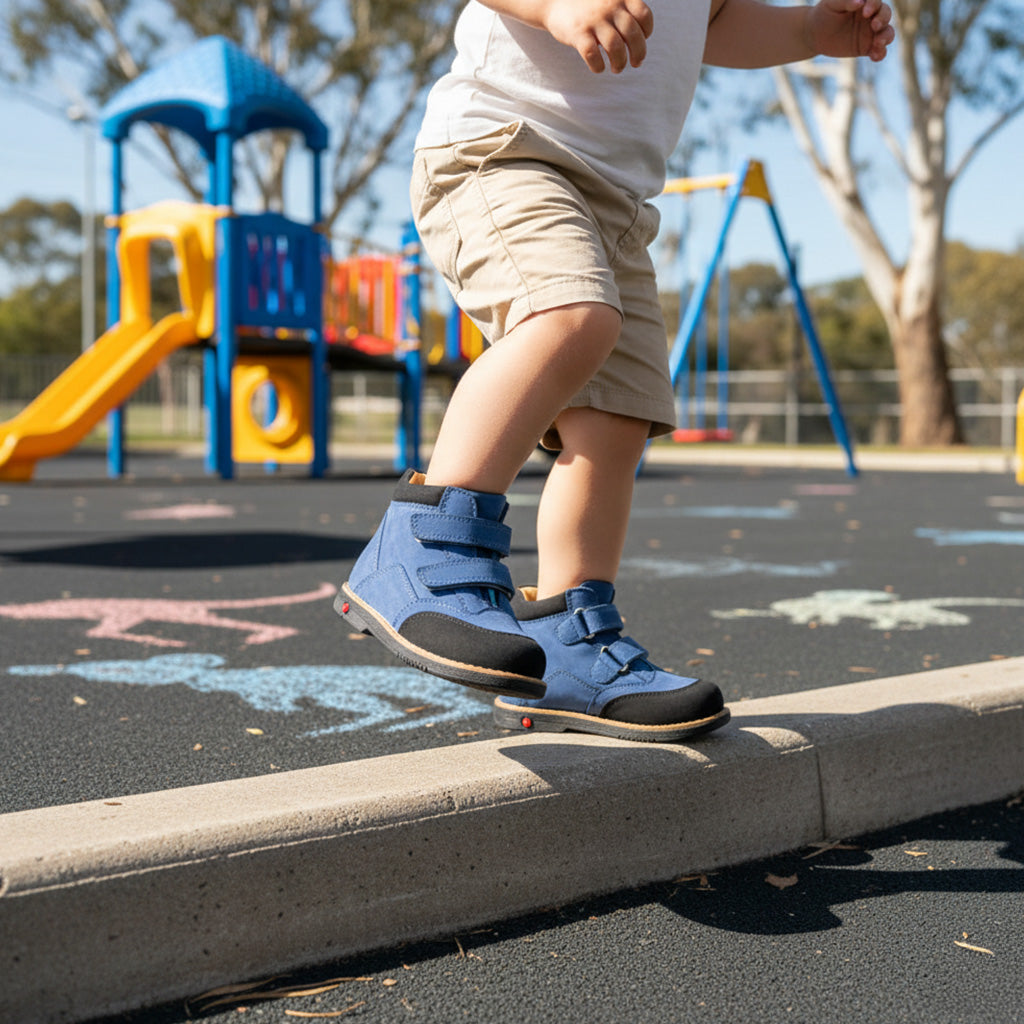 Child wearing blue orthopedic boots by Ortho Shoes with arch and ankle support, Thomas heels, nubuck and leather lining, stepping at a playground.