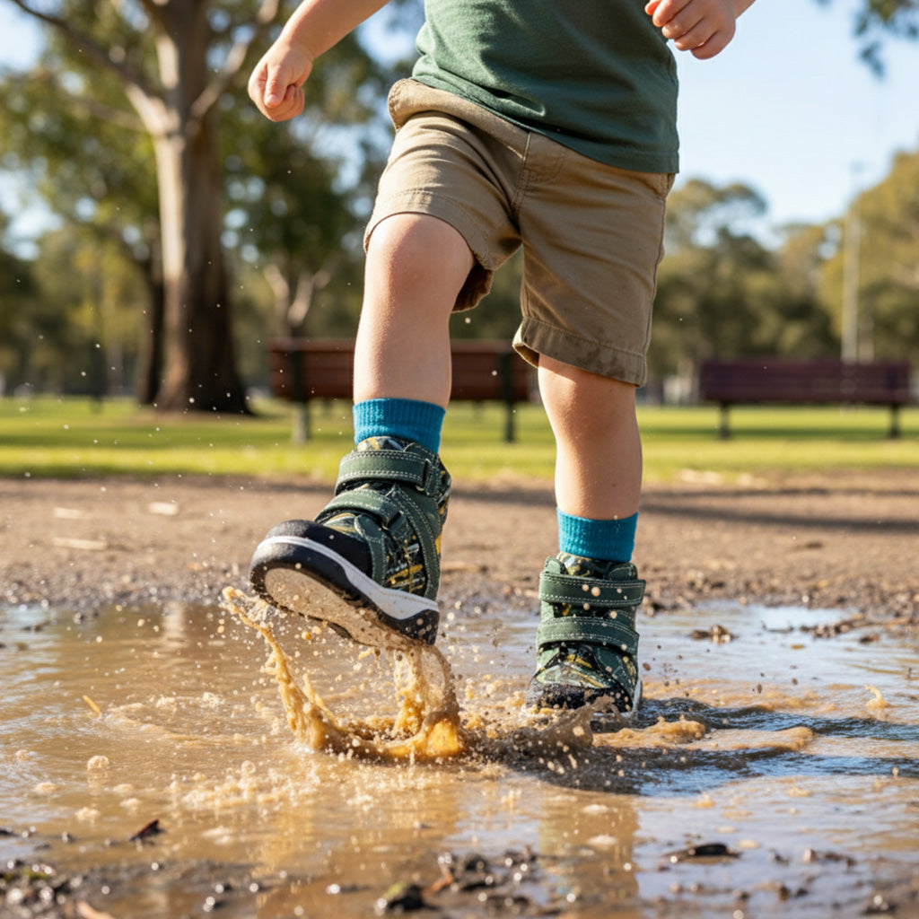 Child splashing in puddle wearing Ortho Shoes kids’ orthopedic boots with arch and ankle support, nubuck and leather lining.