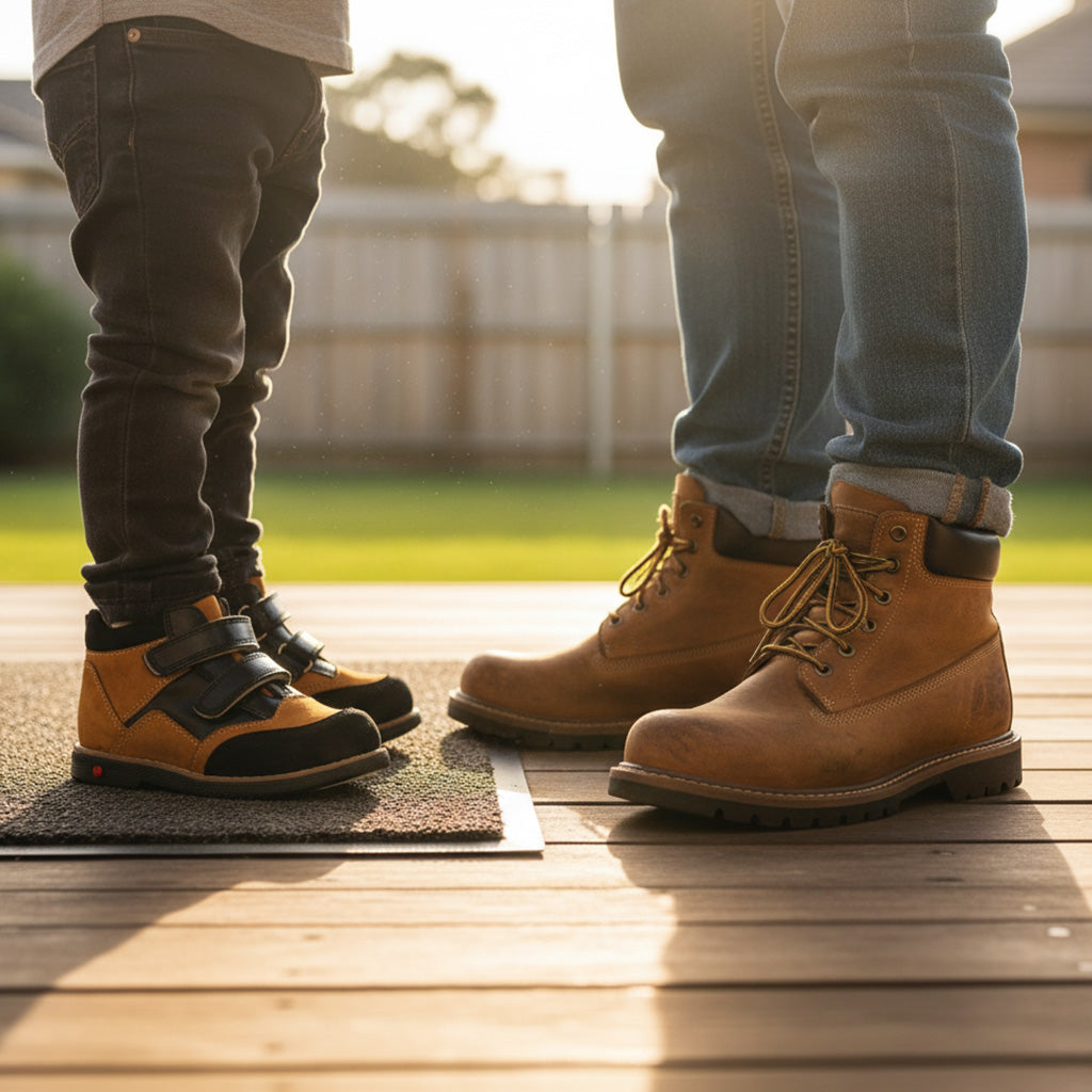 Child in black pants wearing Ortho Shoes kids’ orthopedic boots with arch and ankle support, Thomas heels, nubuck and leather lining, standing outdoors.