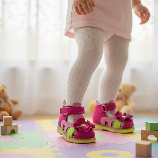 Child in white tights wearing bright pink Ortho Shoes kids’ orthopedic sandals with arch and ankle support, Thomas heels, nubuck and leather lining, standing on play mat with toys.