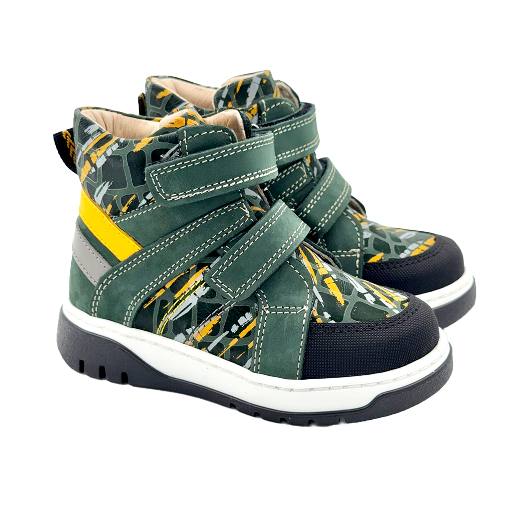 Ortho Shoes green and yellow kids' boots with two Velcro straps, arch and ankle support, and a stylish design. Recommended by health professionals for growing feet.