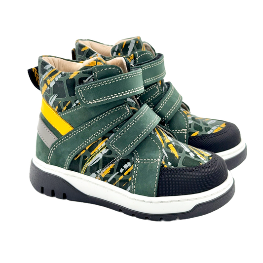 Ortho Shoes green and yellow kids' boots with two Velcro straps, arch and ankle support, and a stylish design. Recommended by health professionals for growing feet.