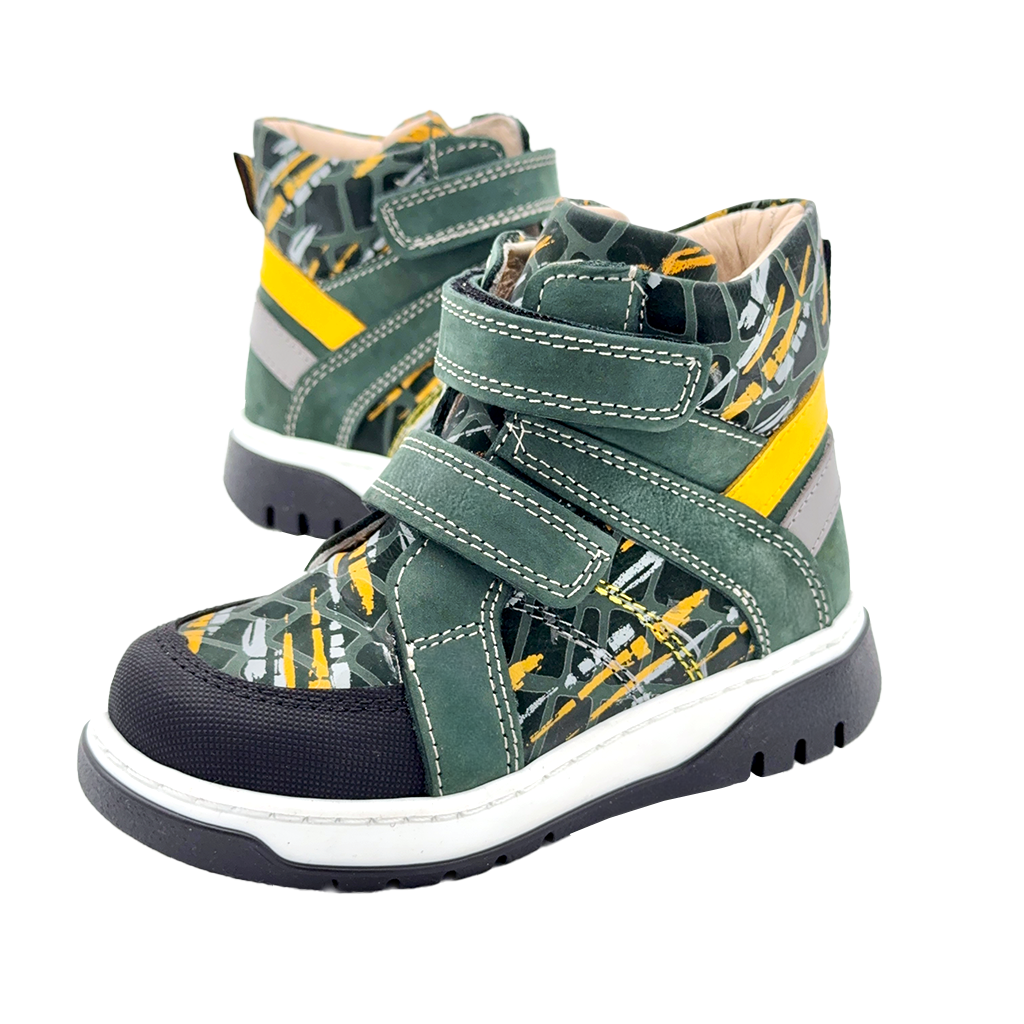 Ortho Shoes green and yellow kids' boots with two Velcro straps, arch and ankle support, and a stylish design. Recommended by health professionals for growing feet.