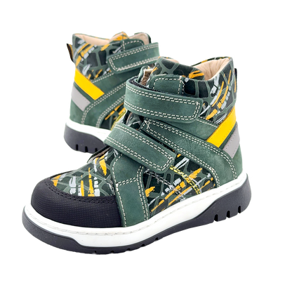 Ortho Shoes green and yellow kids' boots with two Velcro straps, arch and ankle support, and a stylish design. Recommended by health professionals for growing feet.