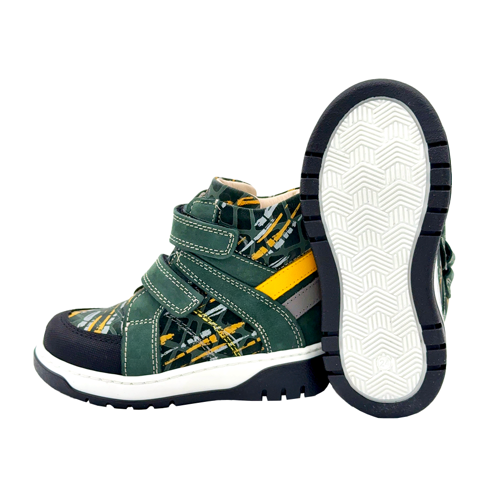 Ortho Shoes green and yellow kids' boots with two Velcro straps, arch and ankle support, and a stylish design. Recommended by health professionals for growing feet.