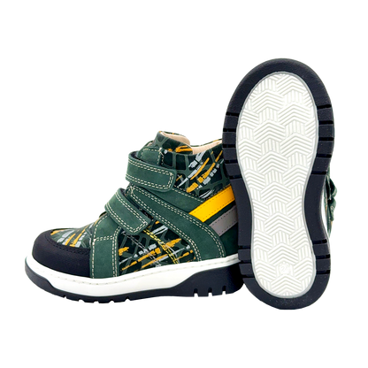 Ortho Shoes green and yellow kids' boots with two Velcro straps, arch and ankle support, and a stylish design. Recommended by health professionals for growing feet.