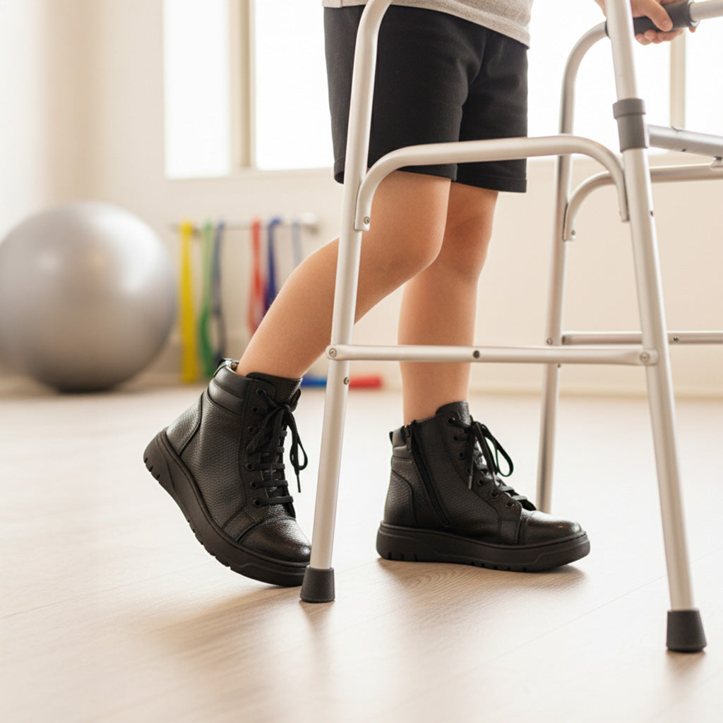 Ortho Shoes kids’ orthopedic high-top boots in black, featuring arch and ankle support, worn during physical therapy with walker assistance.