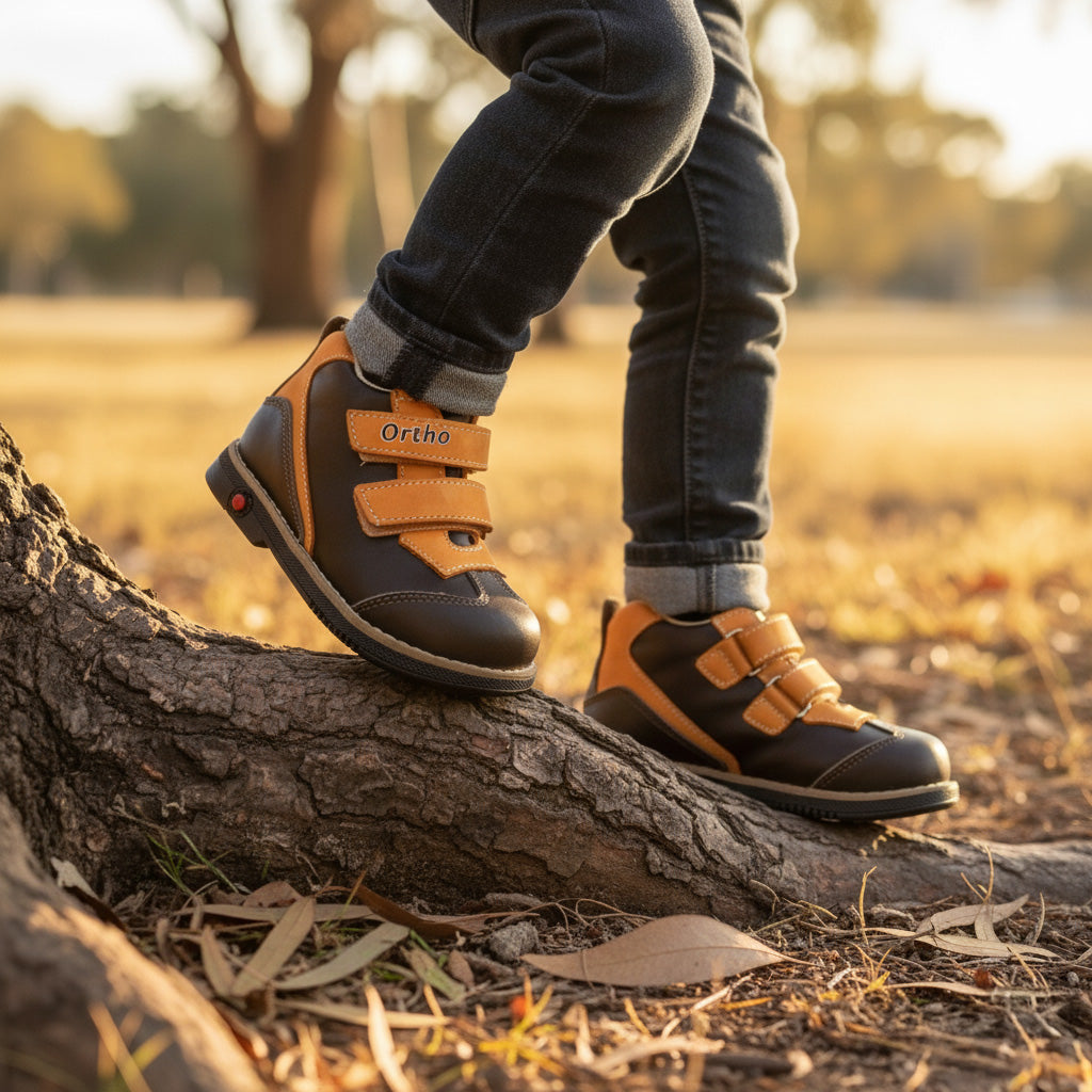 Child in dark jeans standing on a tree root in autumn park, wearing Ortho kids’ orthopedic boots in black and orange with Velcro straps, sturdy sole, Thomas heels, and ankle support for healthy foot development.