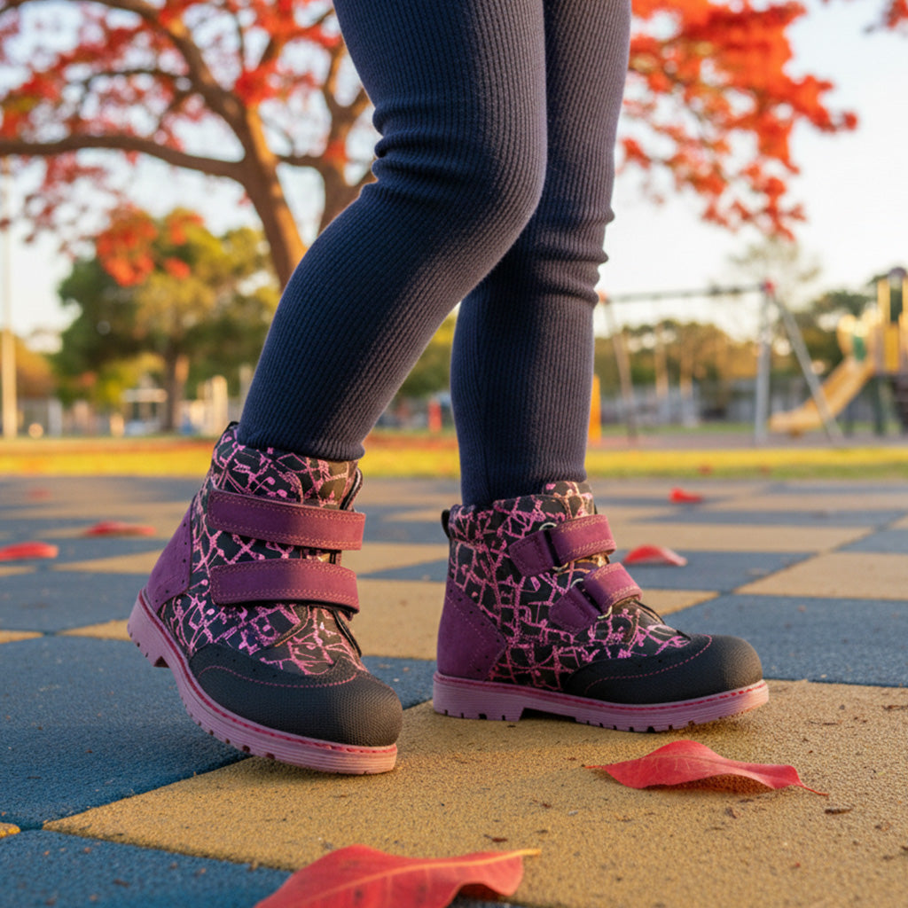 Child in dark leggings wearing purple patterned Ortho Shoes kids’ orthopedic boots with arch and ankle support, Thomas heels, nubuck and leather lining, standing on autumn playground tiles with red leaves.
