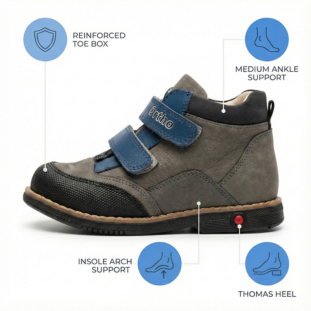 Children’s orthopedic shoe in gray with blue straps labeled ‘Ortho,’ showing reinforced toe box, arch support, and Thomas heel.