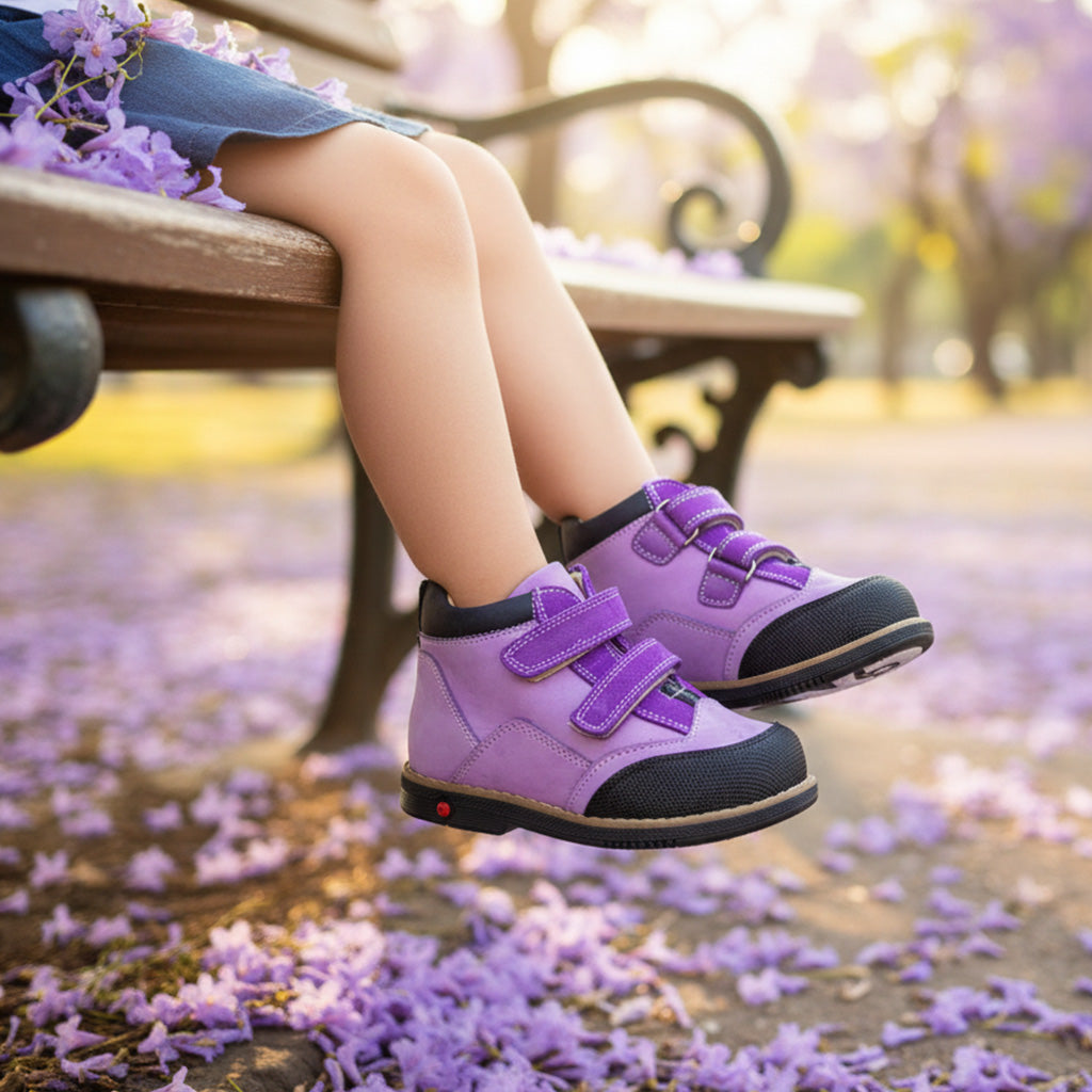Child sitting on park bench wearing purple and black Ortho Shoes kids’ orthopedic boots with arch and ankle support, Thomas heels, nubuck and leather lining, surrounded by jacaranda petals.